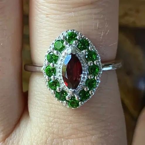 Natural Red Garnet Chrome Diopside Sterling Silver Ring Size 8