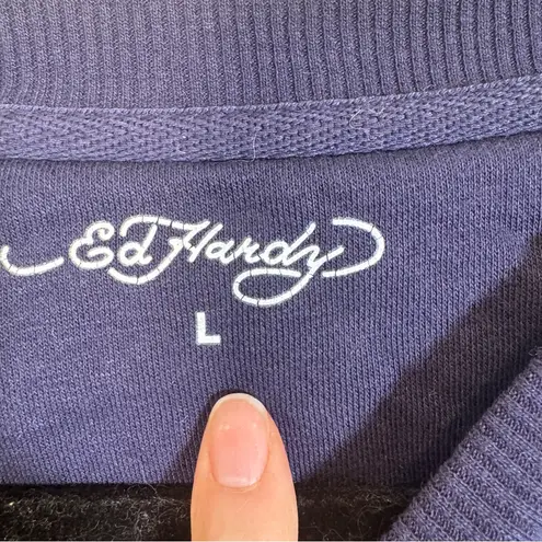 Ed Hardy  Blue Cropped Graphic Sweatshirt Womens L Fish Skater Casual Cozycore