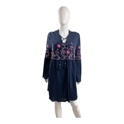 Embroidered Floral Navy Blue Bohemian Bell Sleeve Dress‎ Tunic Style Crown & Ivy Size L