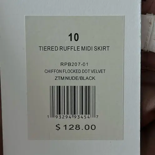 Rachel Parcell Tiered Ruffle Midi Skirt Size 10 Chiffon Flocked Tan Black Dots