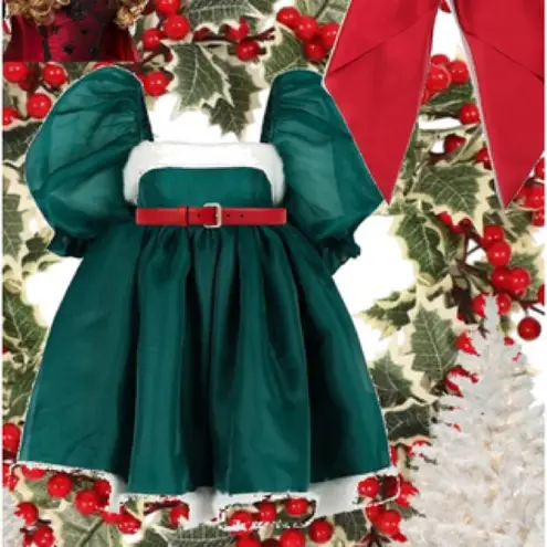 Selkie Elf Green Santa Baby Puff Mini Dress green with white fur trim Size XS