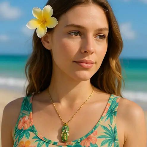 None Vintage Hawaii Souvenir Green Flip Flop Pendant Necklace MC Stamp Rhinestone