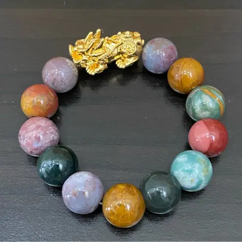 Handmade Natural Agate Multicolored Stone Pi Xiu Fengshui Lucky Stretch Bracelet