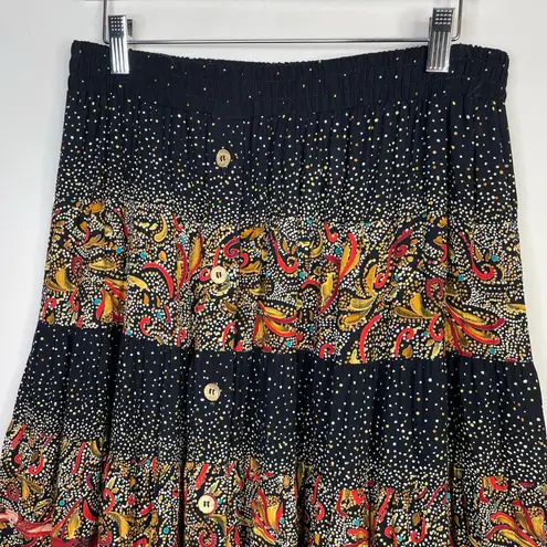 carole little Vintage Crinkle Tiered Button Artsy Floral Boho Long Maxi Skirt M