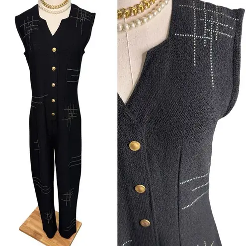 Vintage 70s/80s Jennifer Roberts wool blend metallic studded jumpsuit size S/M Black