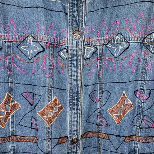 None Vintage West End All Over Embroider Denim Shirt/Jacket With Pockets-Large