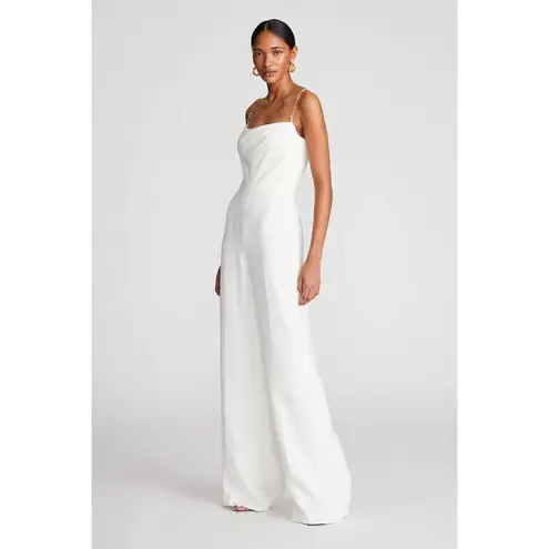 H by Halston HALSTON Brea Ruched Chain-strap Crepe Jumpsuit in Chalk Size US 4