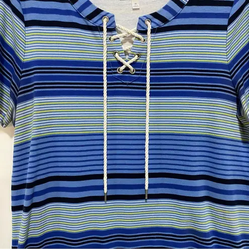 Talbots Shirt Dress Summer Cotton Knit Size Medium Blue Nautical Stripe