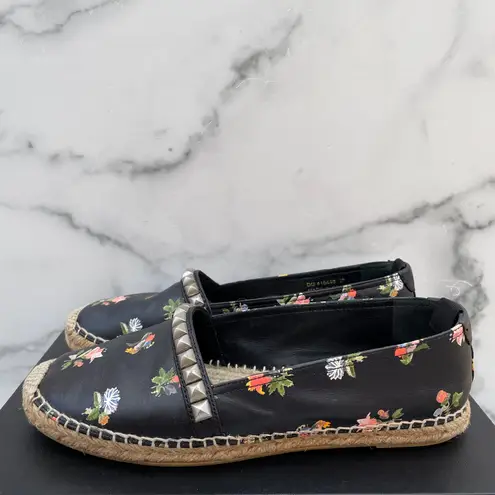 Saint Laurent studded black leather floral espadrille flats size IT 39 US 9