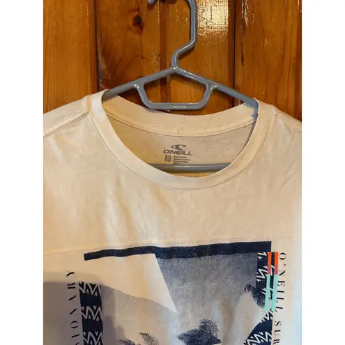 ONeill Surf Company T Shirt Top XS Long Sleeve Graphic Print Cream Beach