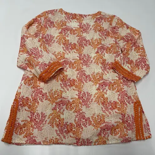 J Jill Top Womens Medium Petite Orange Pink Coral Reef Print Linen Cotton Tunic Size undefined