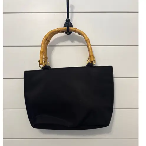 kim rogers Black Christmas Santa Reindeer Bamboo Handle Tote Bag