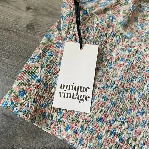 Unique Vintage Floral Smocked Halter Top Criss Cross Adjustable Back 5X