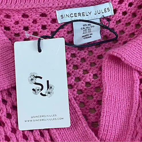 Sincerely Jules open knit Pink Sweater shirt sleeves Polo cotton blend Sz XL