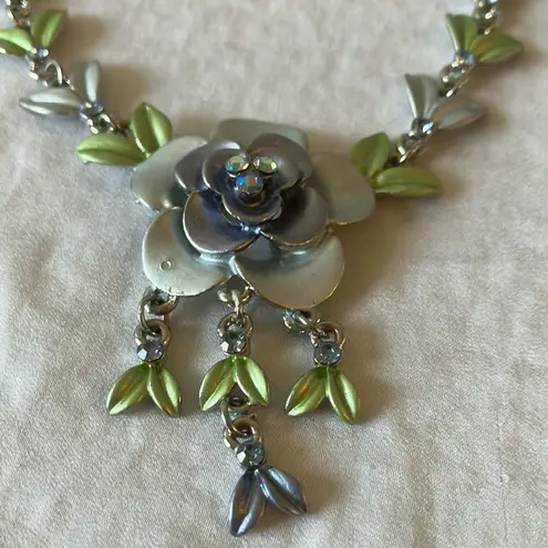 Silver Tone & Green/Blue Floral Necklace