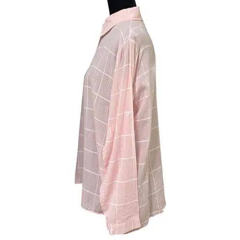 Adora Pink White Stripe Button Front Roll Tab Sleeve Semi Sheer Shirt Medium