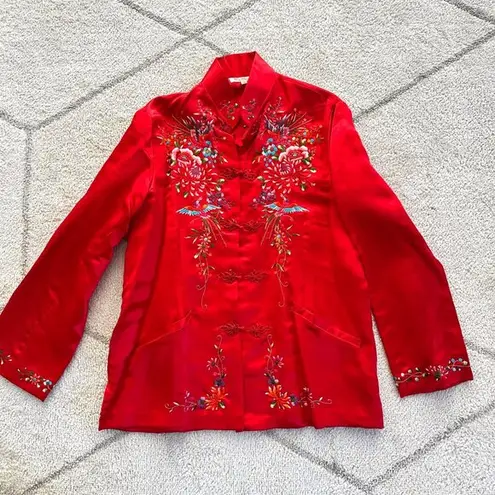 Vintage Red Satin Floral Bird Design Embroidered Chinese New Year Jacker Mandari
