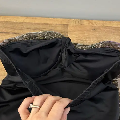 MiracleSuit Bandeau Gold Black Ruffle Slimming Tank One Piece Swimsuit Strapless