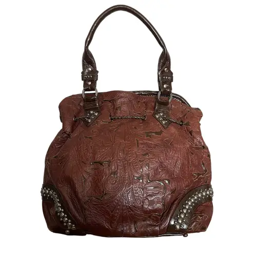 Kippys Brown Glossed Leather Floral Embossed Large Shoulder Bag