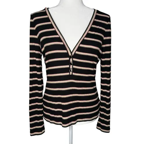 Veronica Beard Top M Womens Shailee Black Striped Ribbed Henley Long Sleeve