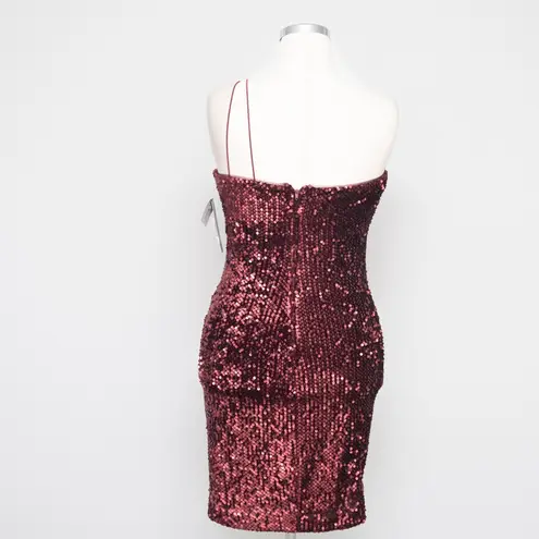 Betsy and Adam One Shoulder Burgundy Sequin Cocktail Dress