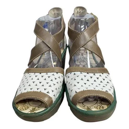 Fly London White Brown Cutout Leather Wedge Sandals Women’s Size 40 US 8-8.5
