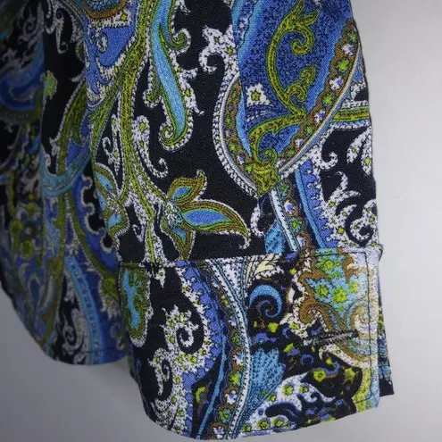 Ny Collection MP Long Sleeved Button Down Top Petite in Black Blue Paisley