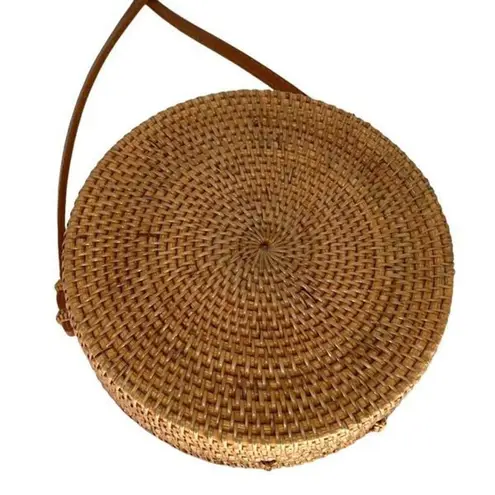 Jelavu Womens Rattan Floral Shells Round Crossbody Handbag Brown White OS