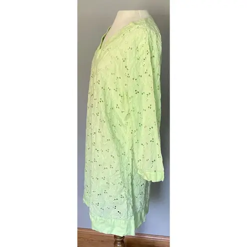 Fresh Produce Swim Cover Up LARGE Green Eyelet Dress 3/4 Sleeve V-Neck Beach