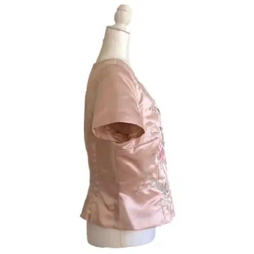Donna Morgan Jacket Top Satin Pink Embroidered Floral Short Sleeve Formal 16