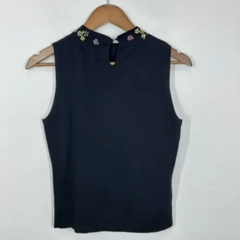 Vintage JAC Ribbed Sleeveless Mock Neck Shell Tank Top Black Beaded Floral Neckl Size M