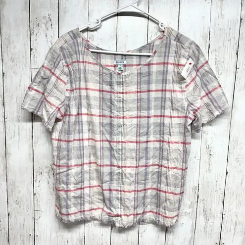 Susina Top Women Size Small Multicolor Plaid Short Sleeve Blouse Raw Hem Casual