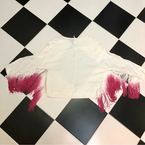 Maje Lila Fringe Long Sleeve Top Hot Pink Ombre Dip Dye White Magenta Bohemian S