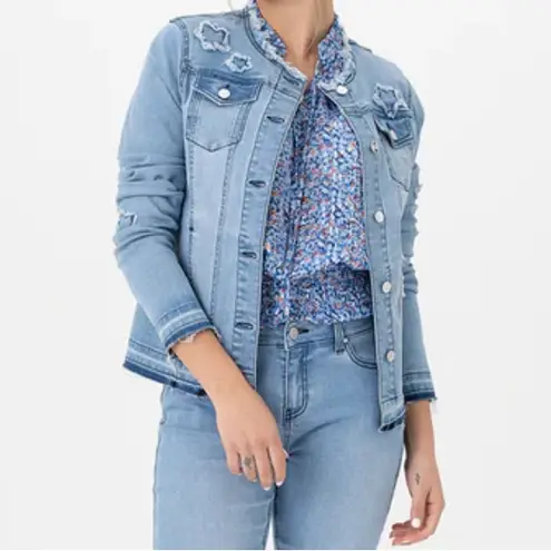 Renuar Distressed Star Accented Collarless Denim Jacket
