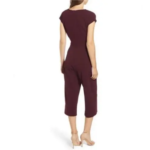 Bishop and Young Cropped Jumpsuit Romper V-Neck Tie Sash Short Sleeve Maroon Small
