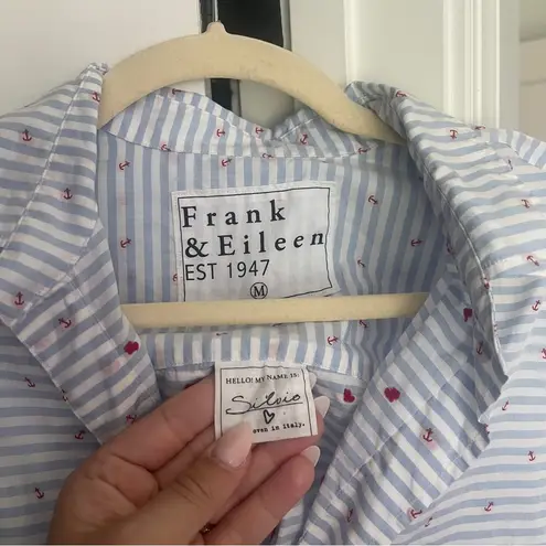 Frank & Eileen Blue Strip Silvio Cotton Red Anchor Long Sleeve Button Up Top Size M