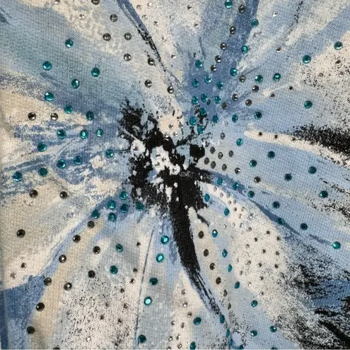 Jess & Jane Wind Poems Blue Floral Rhinestone Zipper Knit Jacket Size Medium White