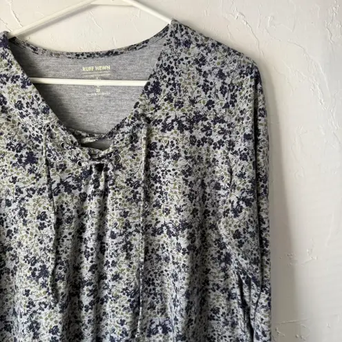 Ruff Hewn Shirt Peasant 2X Gray Blue Floral Lace Up Neck Long Sleeve Cotton Top
