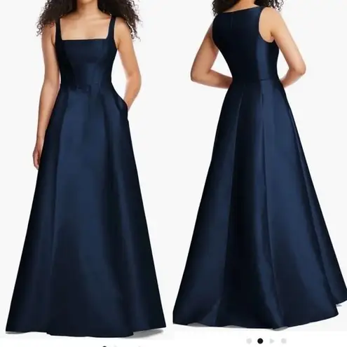 Alfred Sung NWOT Corset Satin navy maxi square neck Gown size 6