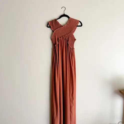 Flawless Brown Shirred Criss Cross Maxi Dress - Medium