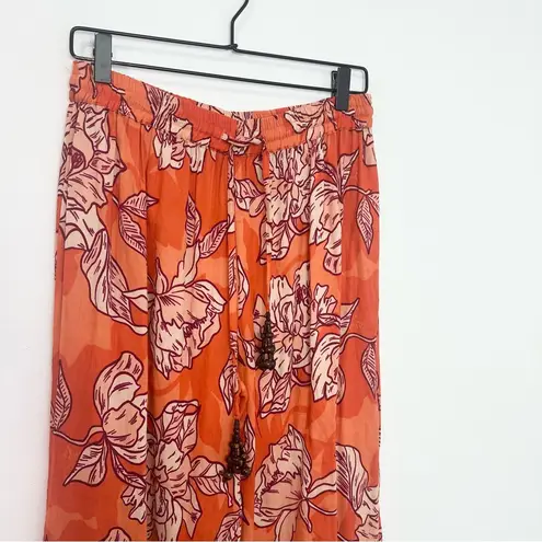 True Destinations Floral Pull On Ruffle Wide Leg Pant Orange Resort Wear Medium