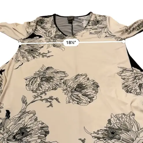 Clara Sun Woo Cream & Black Floral Print Stretch 3/4 Sleeve Tunic Top Sz S NEW