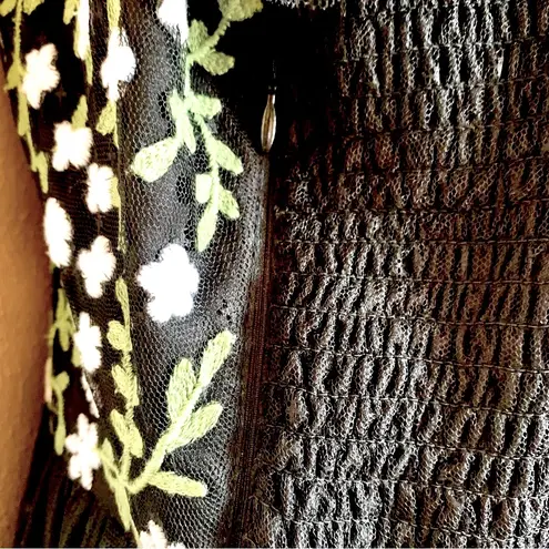 Jessakae Black Green & White Embroidered Floral Smocked Dotted Tulle Dress. Size 1X