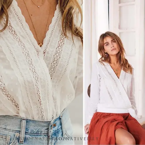 Sézane NWT Alessandra Eyelet Surplice Wrap Long Sleeve Blouse | 38 (6) | White