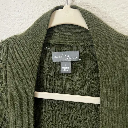 Market & Spruce Green Open Cable Knit Cardigan Small Elbow Patches Preppy Wool - Image 4