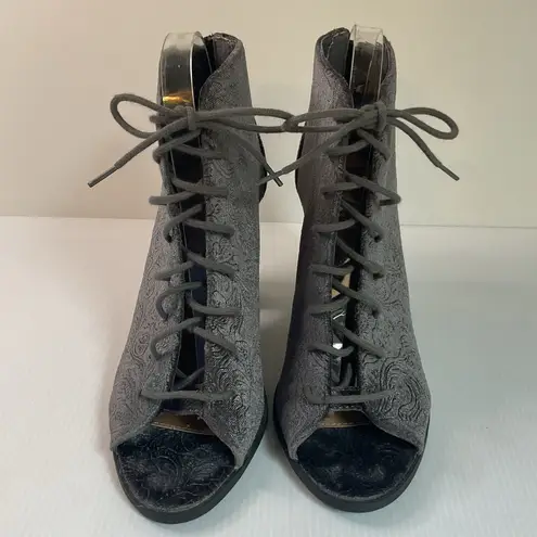 Report Ankle Booties Block Heel Brocade Open toe Lace Up Gray Sz 7.5 Women's