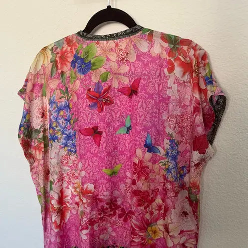 Johnny Was Bouquet Frame Parade Blouse Tunic Silk Pink Butterfly Floral Small