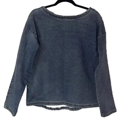 One Teaspoon  Womens Washed Blue Denim Long Sleeve Boat Neck Pullover Boxy Top XS