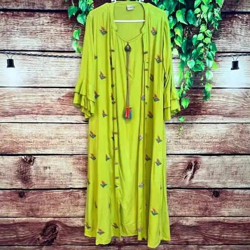 Neerus Green Embroidered A Line Kurta w/ Jacket Maxi Bell Sleeve Womens XXL 2XL
