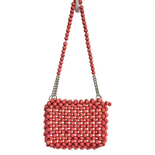 VTG 60s Wooden Bead Shoulder Purse Red/Coral Silver Chain Zipper Pink Interior Red
